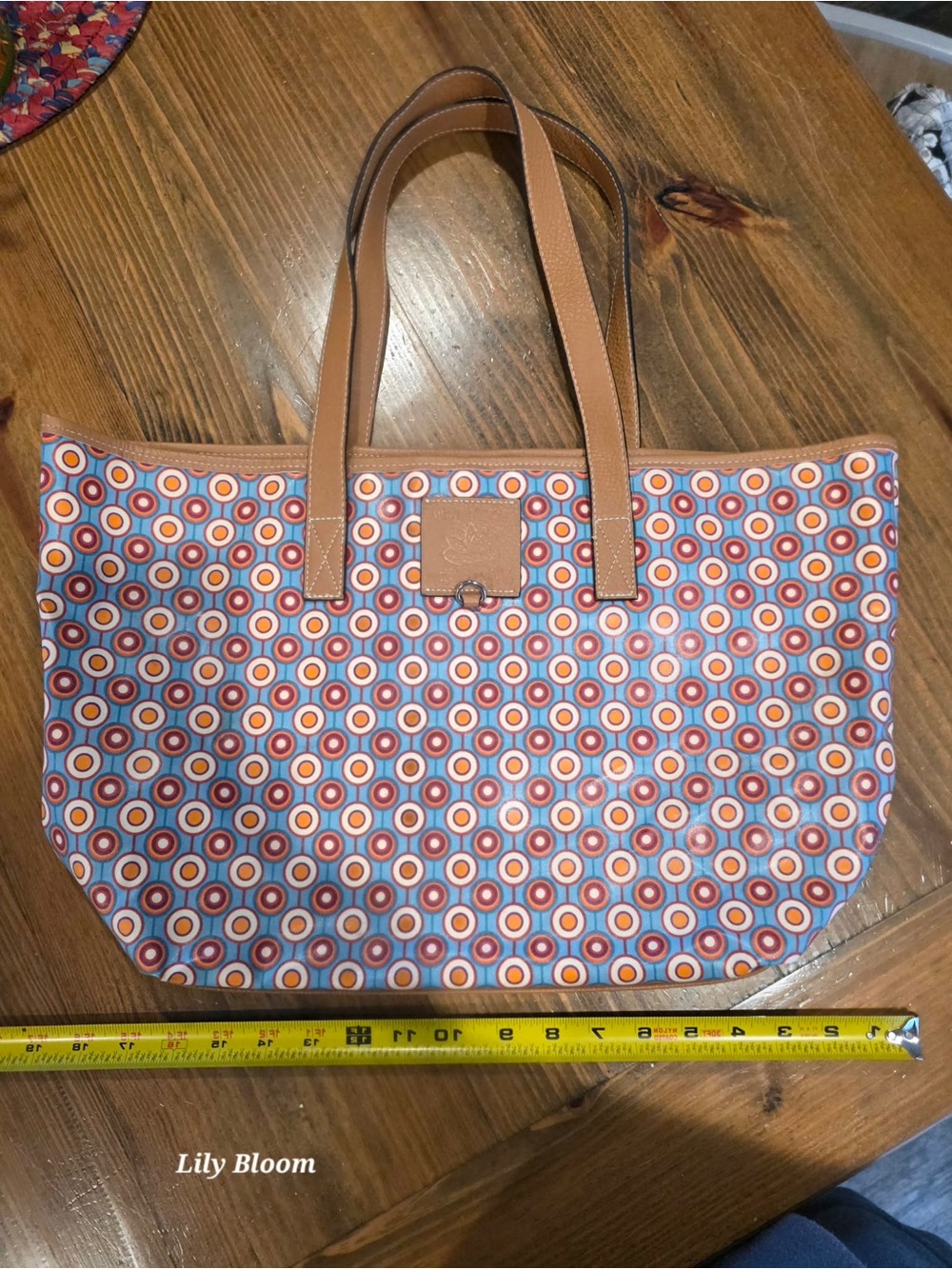 Lily Bloom Orange and Blue Retro Circle Tote with Tan Trim